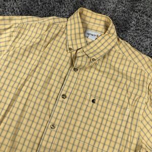 Carhartt Shirt Mens Large Yellow Plaid Short Sleeve Button Up Pockets Casual